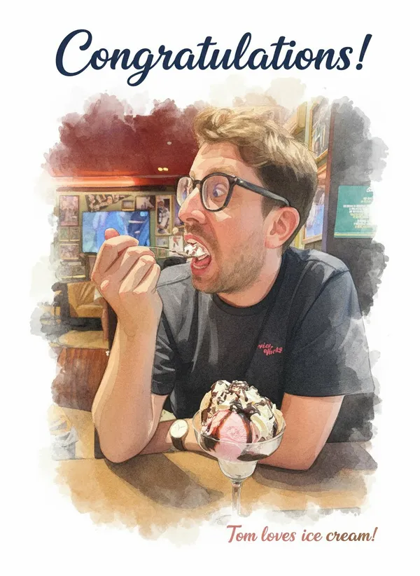 AI-generated greeting card featuring Tom